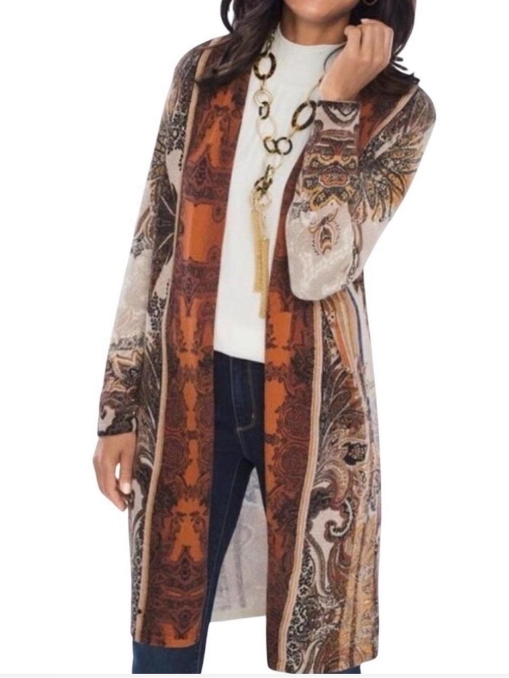 CHICOS Long Open-Front Paisley Cardigan Sweater - Rust Multi SIZE 2
